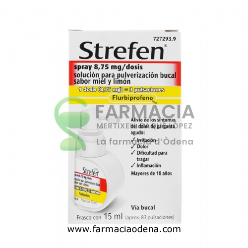STREFEN SPRAY 8,75 MG/DOSIS SOLUCION PARA PULVERIZACION BUCAL SABOR MIEL Y LIMON 1 frasco de 15 ml