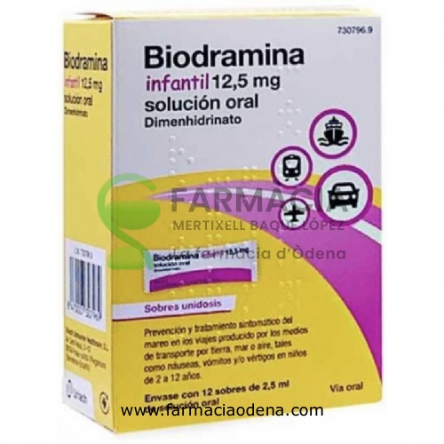 BIODRAMINA INFANTIL 12,5 MG SOLUCION ORAL, 12 sobres unidosis de 2,5 ml