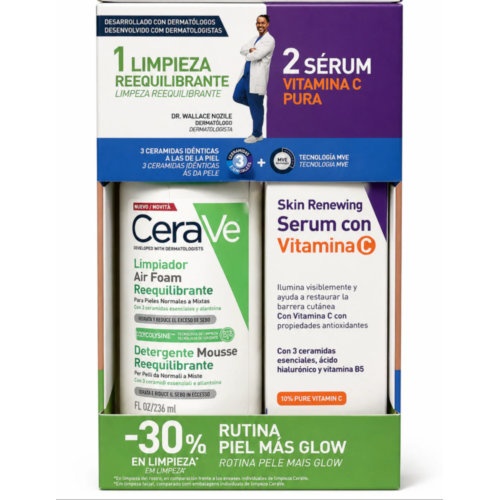 Cerave pack limpiador air foam reequilibrante + serum con vitamina c